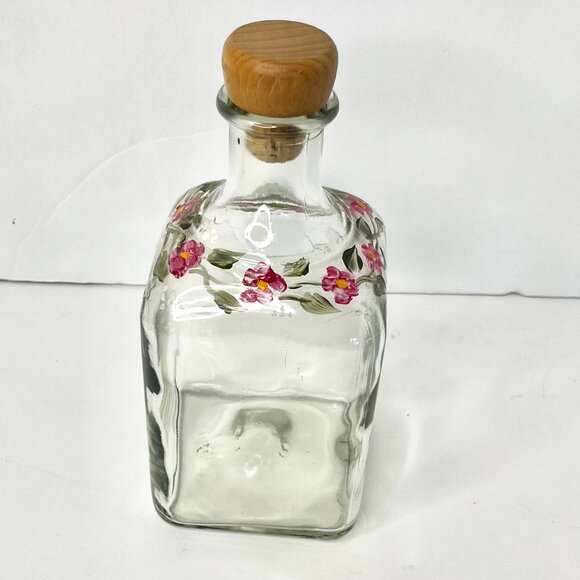 Floral Clear Glass Apothecary Bottle Hand painted Pink Flowers & Green Leaves - Picture 3 of 12